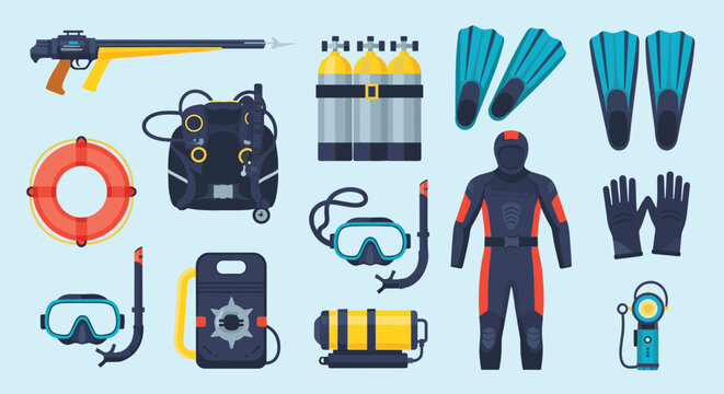Complete set of scuba diving equipment icons including a wetsuit, oxygen tanks, fins, mask, and harpoon for underwater exploration.