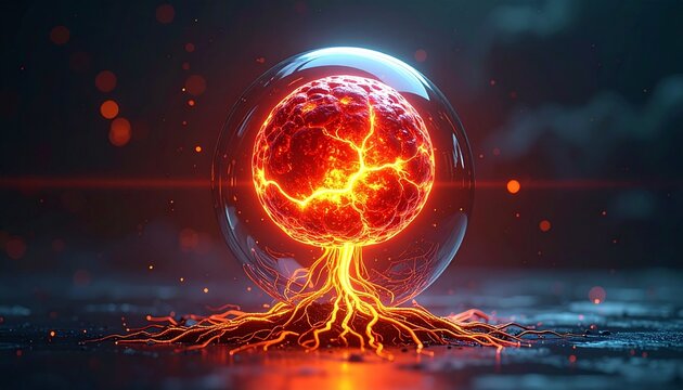 A glowing red cellular sphere inside a transparent shell with radiant orange roots, symbolizing energy, growth, and futuristic biotechnology.