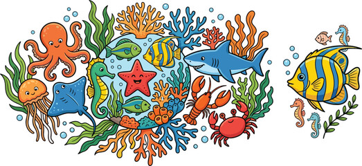 A vibrant and colorful vector illustration of underwater sea creatures including fish, crabs, octopus, and corals, perfect for ocean and marine life designs. © Sultana