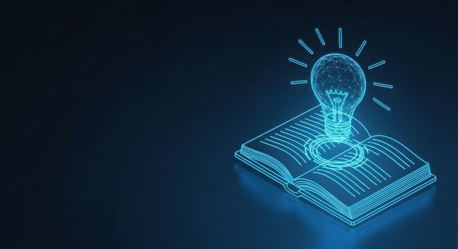 Illuminated Book and Lightbulb Symbolizing Knowledge and Innovative Ideas in Digital Space