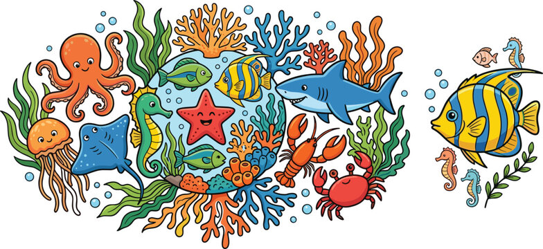 A vibrant and colorful vector illustration of underwater sea creatures including fish, crabs, octopus, and corals, perfect for ocean and marine life designs.