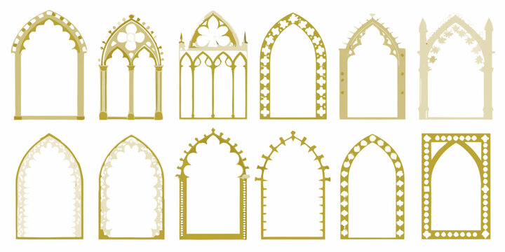 ornate gothic arch set golden vector illustration on white background