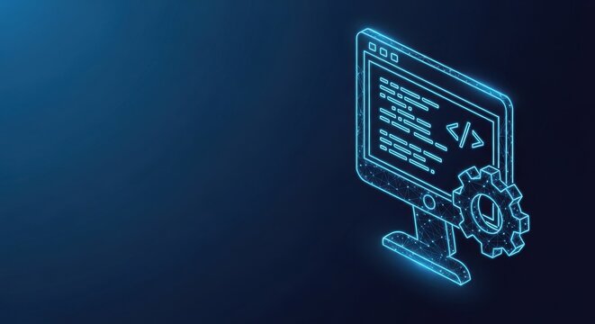 Glowing computer monitor displaying lines of code on a dark digital background, representing software development and technology.