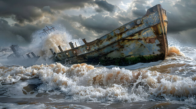 Rusty shipwreck in turbulent ocean waves under stormy sky