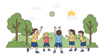Fototapeta premium Group of happy children playing volleyball together in a green public park on a bright and sunny summer day.
