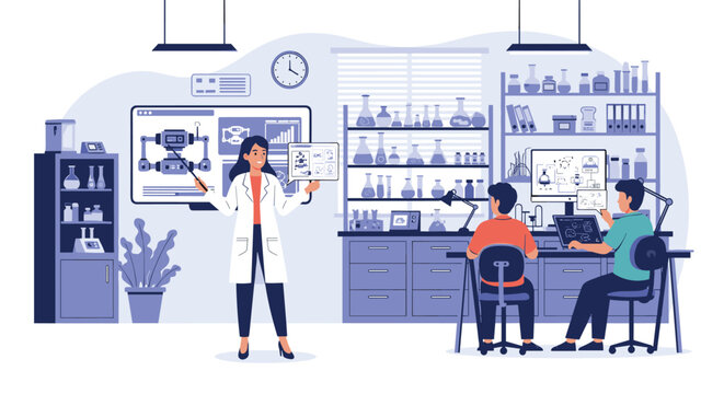 Female professor giving a science lecture in a high-tech laboratory while students work together at computers.