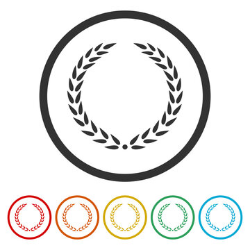 Silhouette circular laurel icon. Set icons in color circle buttons