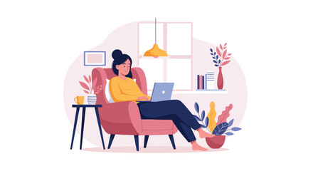 Fototapeta premium Young woman relaxing in a cozy armchair while working remotely on her laptop in a beautifully decorated home office or living room space.