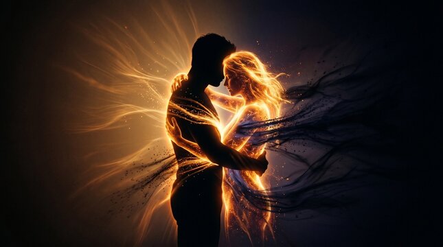 Romantic Couple Silhouette with Golden Fire Energy Waves Embracing on Dark Background, Love and Passion Concept with Glowing Light Effect