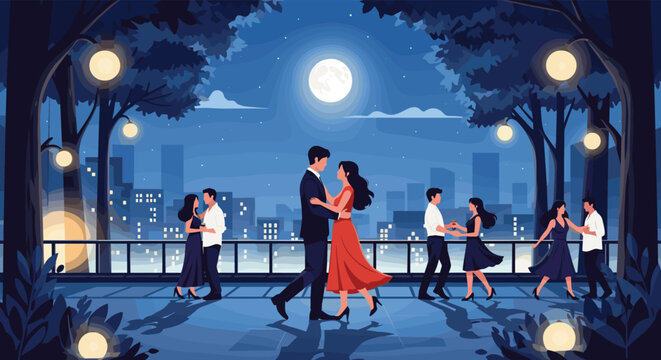 Romantic night scene with couples elegantly dancing on a balcony under a bright full moon and glowing city skyline in the background.