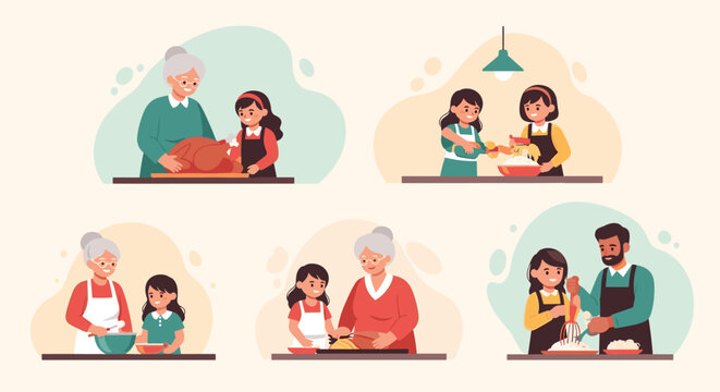 Collection of family members from different generations enjoying time together while preparing healthy meals in a modern home kitchen.