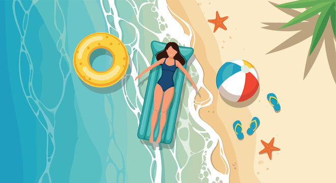 Relaxing summer vacation scene with a woman on a pool float in clear blue water next to a sandy beach with palm leaves and beach items.
