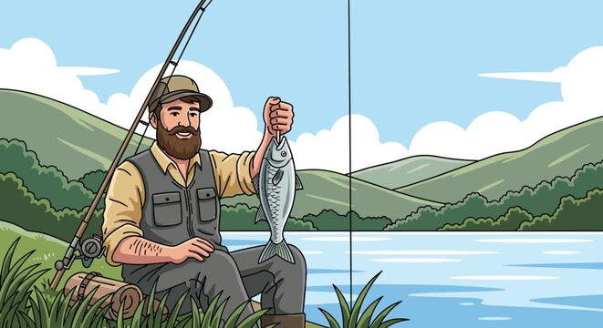 Happy fisherman proudly showing off a large silver fish he just caught in a scenic lake with high mountains.