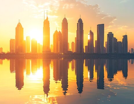 A serene cityscape at sunset with skyscrapers reflected in calm water (147)