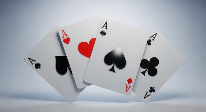 Playing cards fanned out with ace and spade suit symbols on white background
