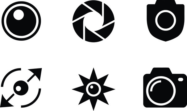 Set of six black on a white background, featuring a circular, lens, a camera, shutter aperture, a, camera shield, a, rotation or zoom, symbol, a star, with a lens, and a digital camera