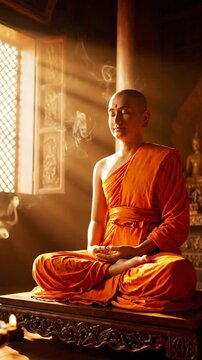 Meditating monk in temple sunlight peaceful contemplation spiritual practice