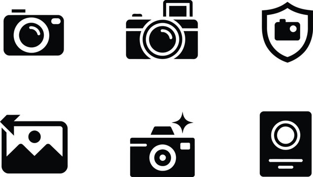 A collection of six black silhouette featuring various camera a shield with a camera, an with a back arrow, and a document with a circle, isolated on a white background, for ui