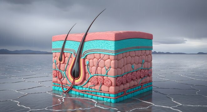 Detailed Cross Section of Human Skin with Hair Follicle and Sebaceous Glands