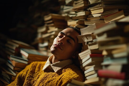 A man in a mustard sweater rests his head against a tall stack of books, eyes closed, surrounded by dim warm light and numerous piled books.