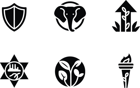 A set of six black silhouette featuring a shield, an elephant inside a circle, an upward pointing arrow with leaves, a star with a graph, a circular leaf motif, and a flaming torch