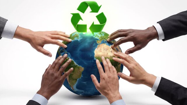 Diverse hands reaching toward globe with green recycle symbol atop