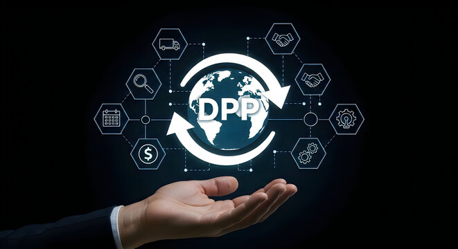 Hand holding globe with dpp acronym and digital network icons, processing