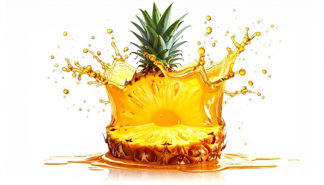 Liquid pineapple splashes form a crown, a refreshing fruit drink visual, isolated.