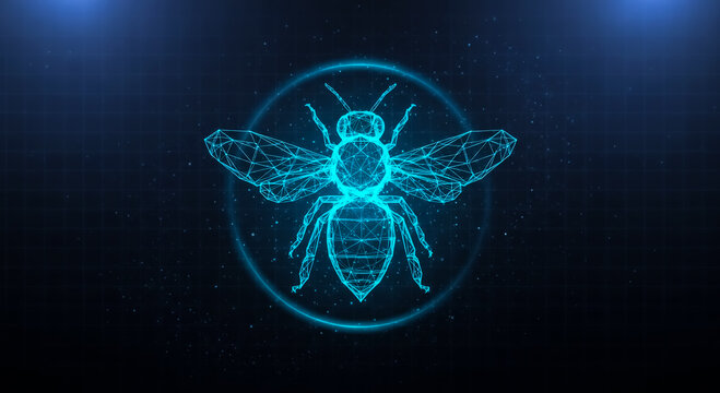 A futuristic bee with intricate geometric patterns and a neon blue glow, set against a dark background with sparkling effects.