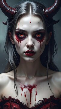 Horror woman with devil horns makeup.