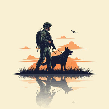 K9 Unit Soldier Dog Patrol Sunset Retro Military Vector