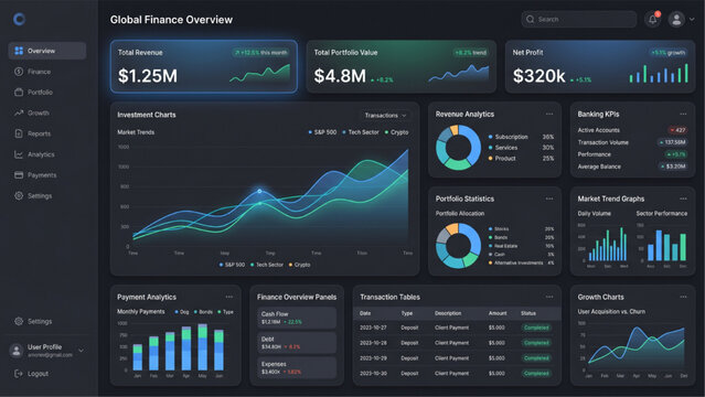 Dark Financial Analytics Dashboard Interface with Business Data Visualization