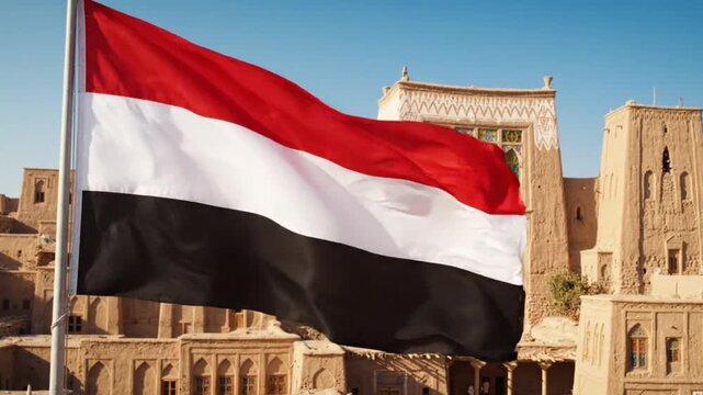 Yemeni flag waving near ancient clay architecture.
