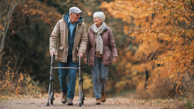 Elderly couple walking together outdoors in autumn, holding hands, with one using a walker on a tree-lined path.