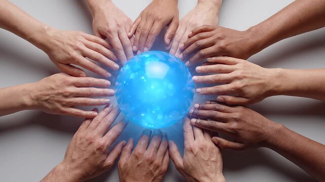 Diverse hands surrounding glowing blue orb on light gray surface