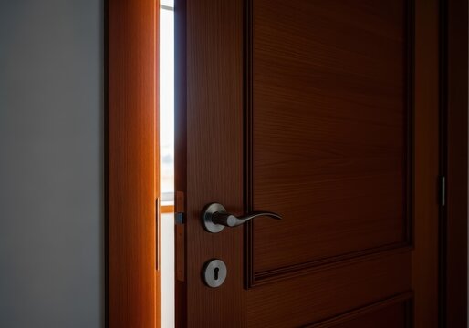 A wooden interior door is being pulled shut, the gap narrowing rapidly to signal privacy and an ending to the open access, structure, wooden, action