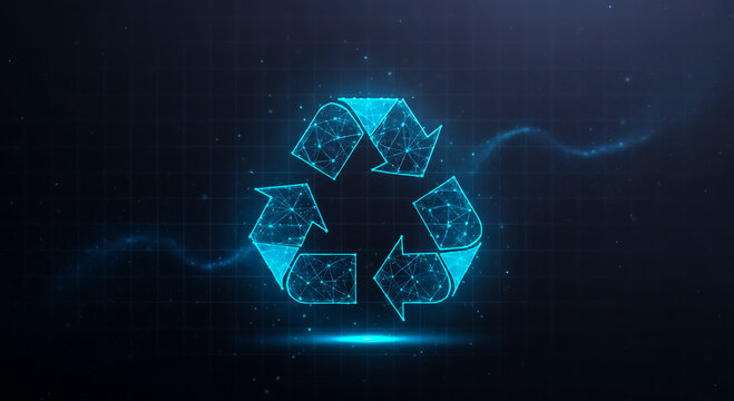 A modern recycling icon with a glowing blue effect, set against a dark, abstract background. Represents sustainability and innovation.