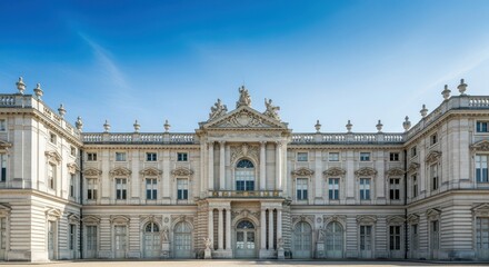 Fototapeta premium Grand baroque royal residence exterior view showcasing classical stone architecture, ornate window details, and majestic facade design under bright sky, rooftop, window, palace