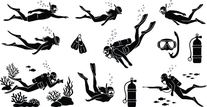 black scuba divers and diving equipment icons on white background