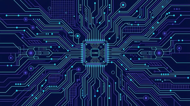 Futuristic Blue Circuit Board with Glowing Core Processor Digital Technology