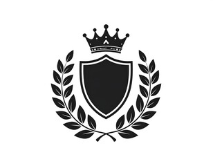 Obraz premium A simple black crest design featuring a shield, crown, and laurel wreath on a white background