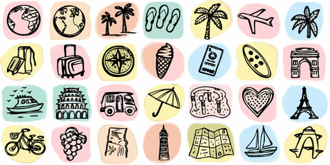 hand drawn travel themed icons and illustrations doodle style © AnupKumar