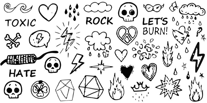 punk rock doodle sheet with skulls and lettering on black background