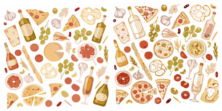 Italian food illustration with pizza olives and wine bottles