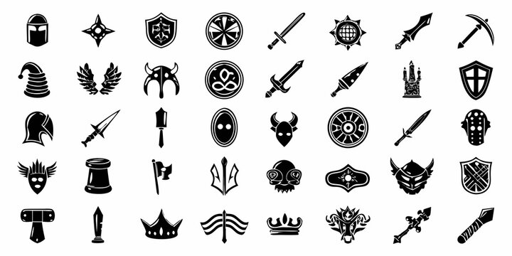 Fantasy weapon and armor icons set black silhouettes