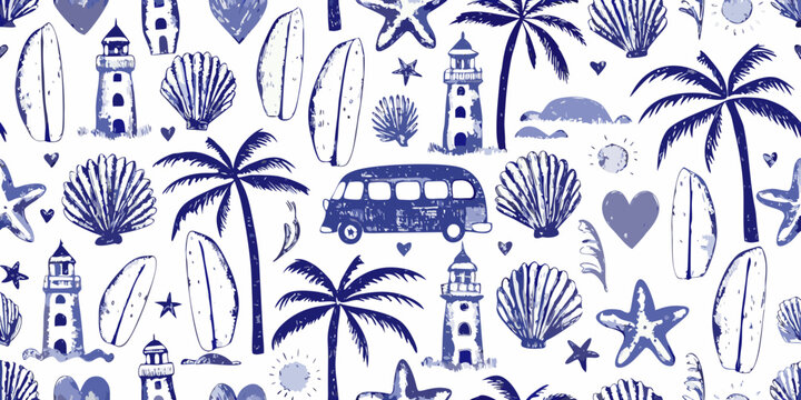 Beach themed seamless pattern with hand drawn nautical elements