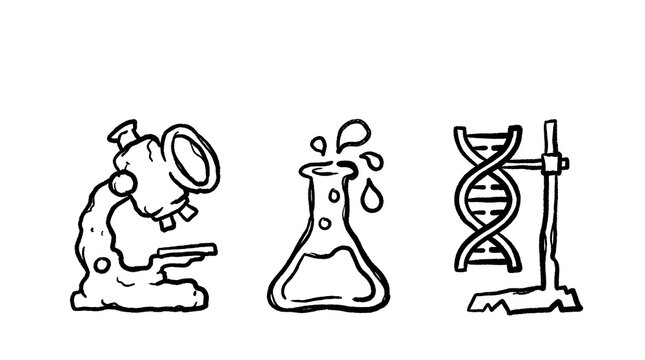 Scientific Laboratory Research Equipment Collection Featuring Microscope And DNA Helix In Minimalist Line Art