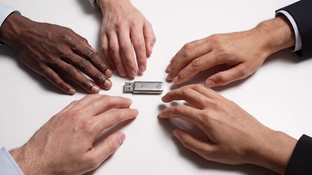 Five hands reaching toward a silver USB drive on white surface