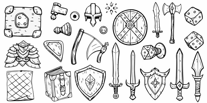 hand drawn medieval weapons and armor set black and white sketch