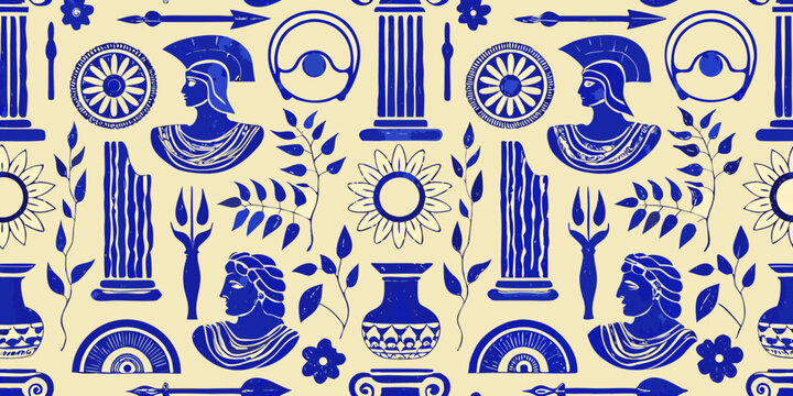 ancient greek pattern with columns faces and floral elements